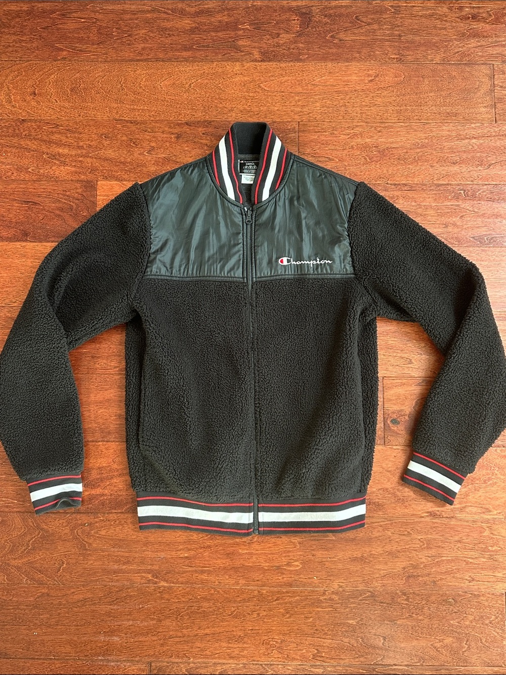 Champion Black Sherpa Zip-Up Jacket with Red & White Trim
